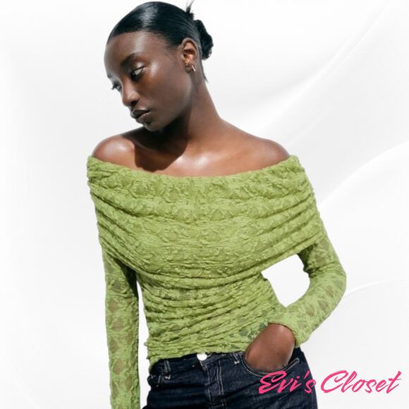 Zara Women's Off the Shoulder Sz L Pistachio Green Lace Sheer Top - Picture 3 of 10